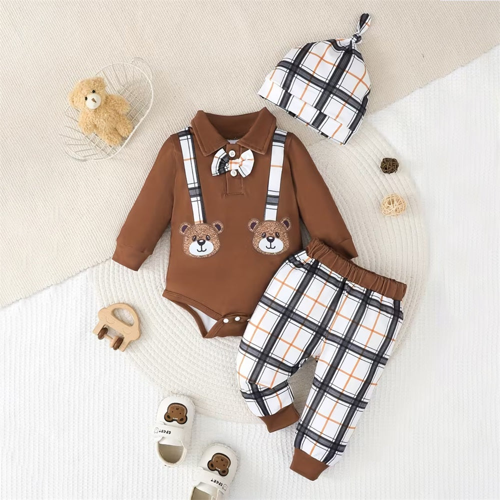 3PCS Casual Bear Embroidery Plaid Long Sleeve Baby Set