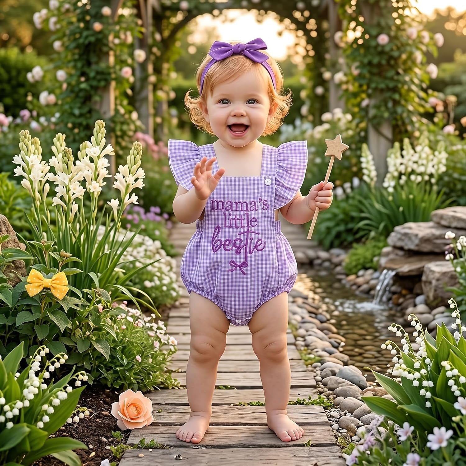 2PCS Mama's Little Bestie Letter Plaid Printed Baby Romper
