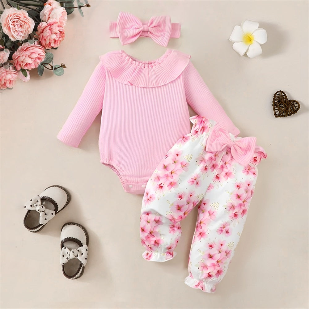3PCS Sweet Floral Print Ruffle Trim Long Sleeve Baby Set