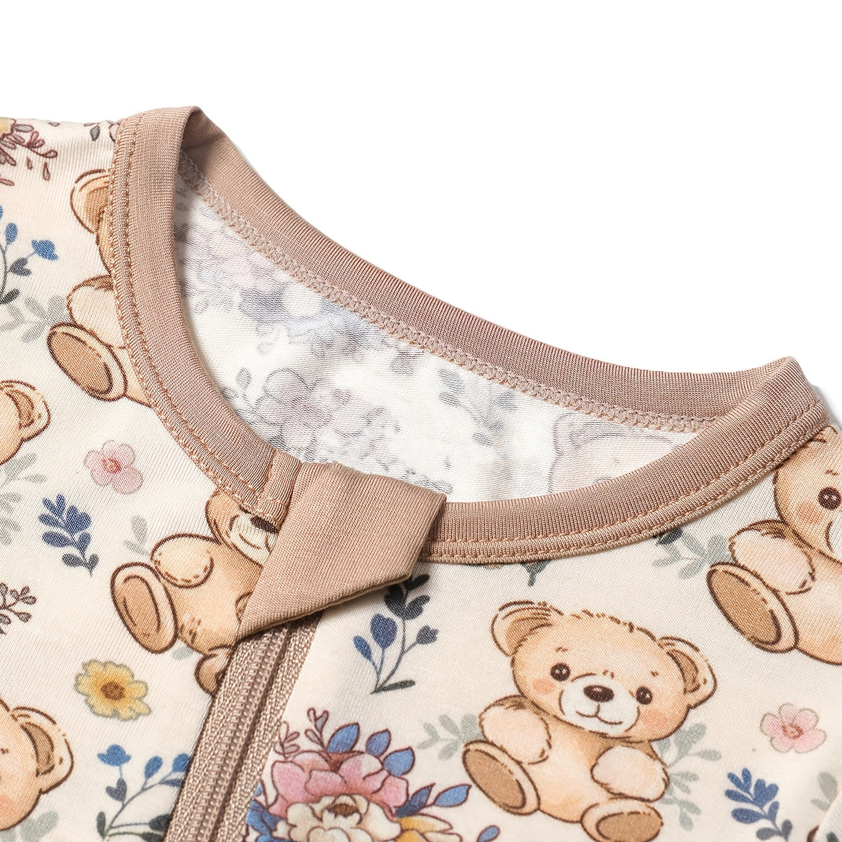Lovely Bear & Floral Print Zipper Long Sleeve Baby Jumpsuit