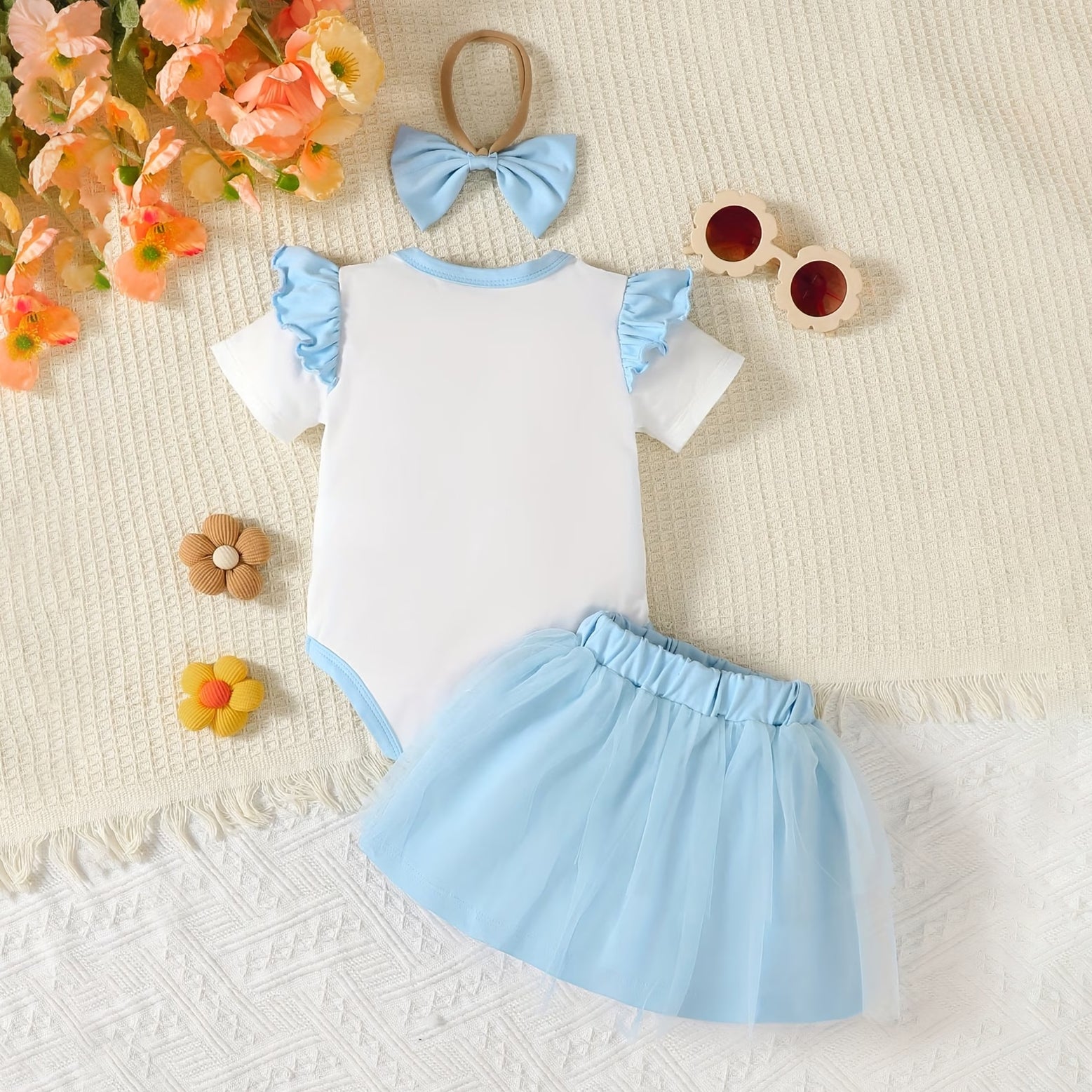 3PCS Cute 3D Floral Embroidery Bowknot Baby Skirt Set