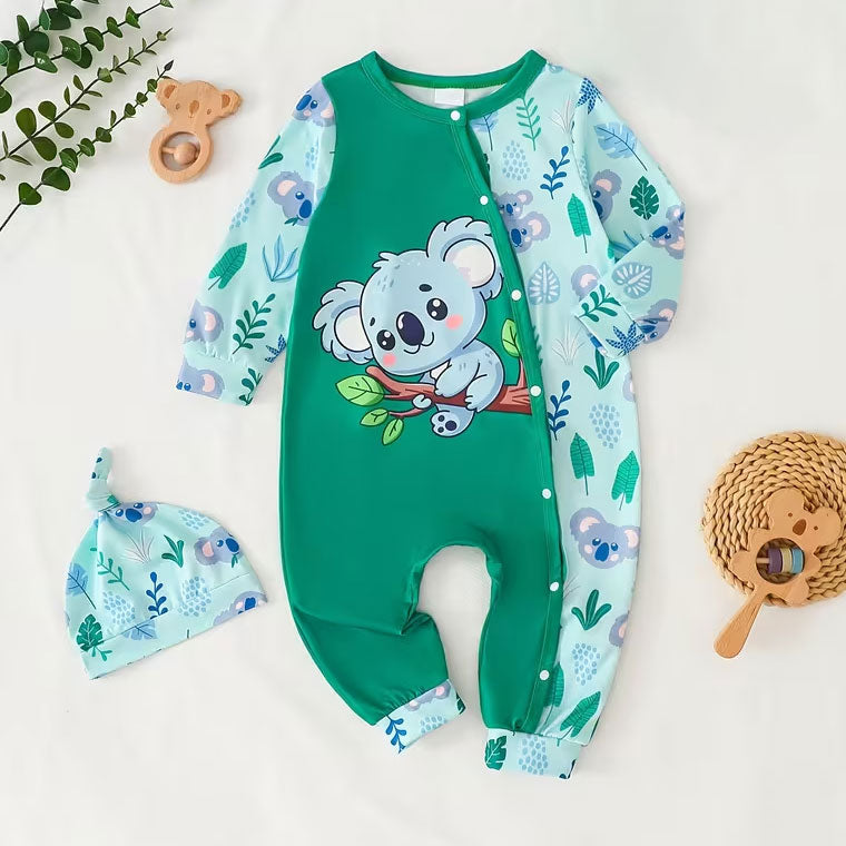 2PCS Adorable Koala and Plant Print Long Sleeve Baby Jumpsuit