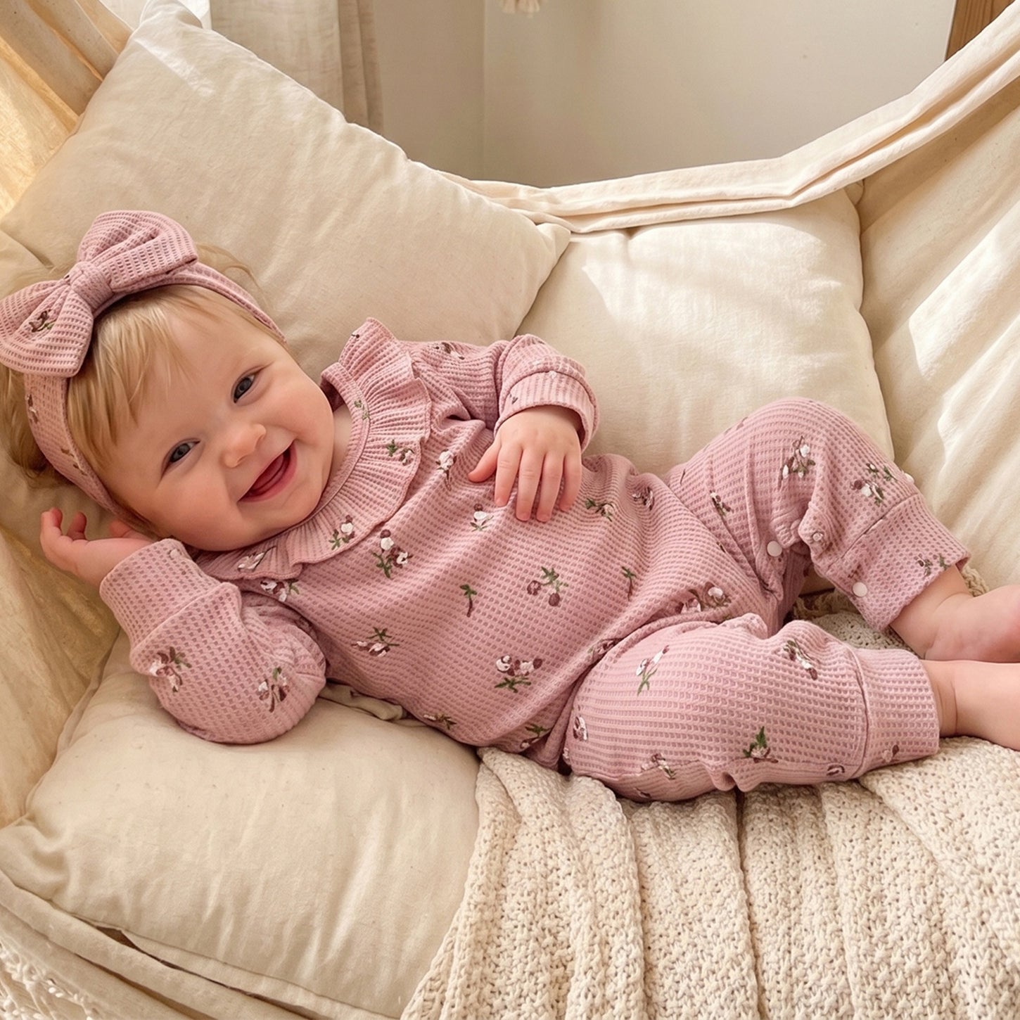 2PCS Graceful Floral Print Ruffle Long Sleeve Baby Jumpsuit