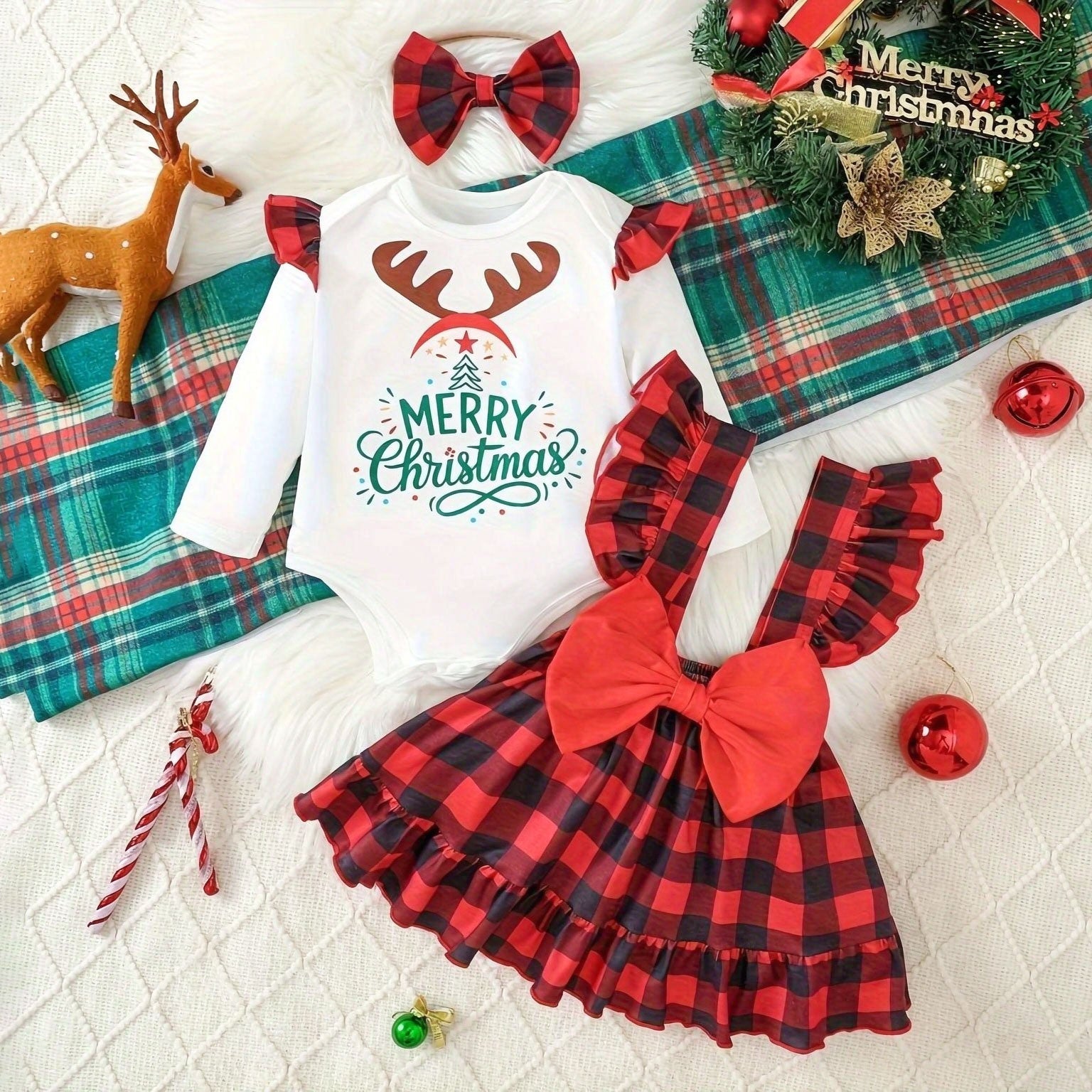 3PCS Merry Christmas Letter Plaid Print Long Sleeve Baby Dress Set