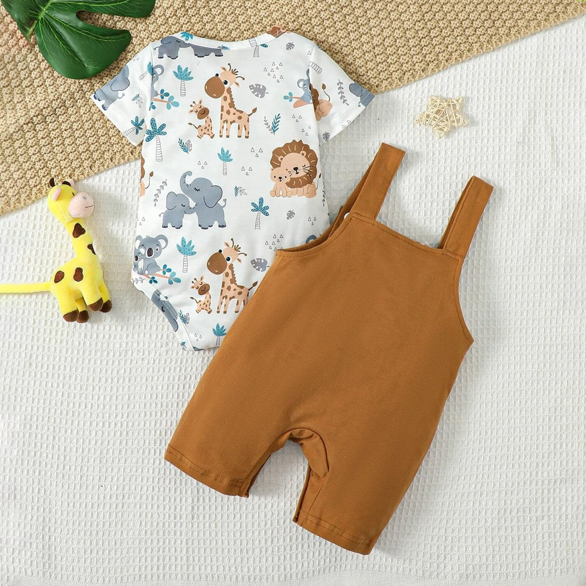 2PCS Cute Animal Printed Top And Overalls Baby Set