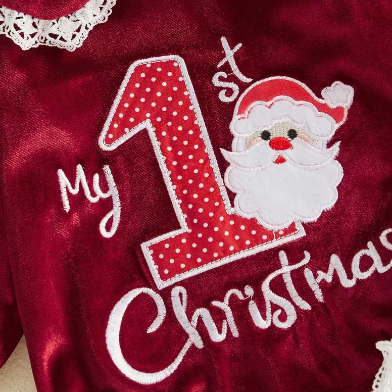 2PCS My 1st Christmas Letter Santa Embroidered Baby Girl Velvet Romper