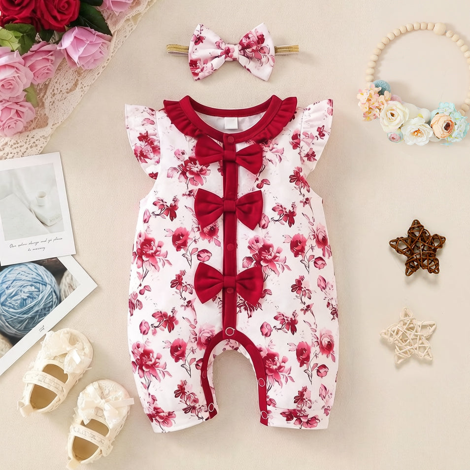 2PCS Cute Floral Print Flounce Sleeve Baby Jumpsuit
