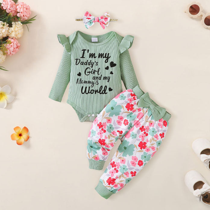 3PCS Sweet Daddy's Girl Mommy's World Letter Floral Print Baby Set