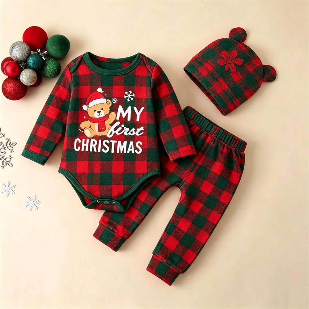 3PCS My First Christmas Letter Plaid Bear Print Baby Set