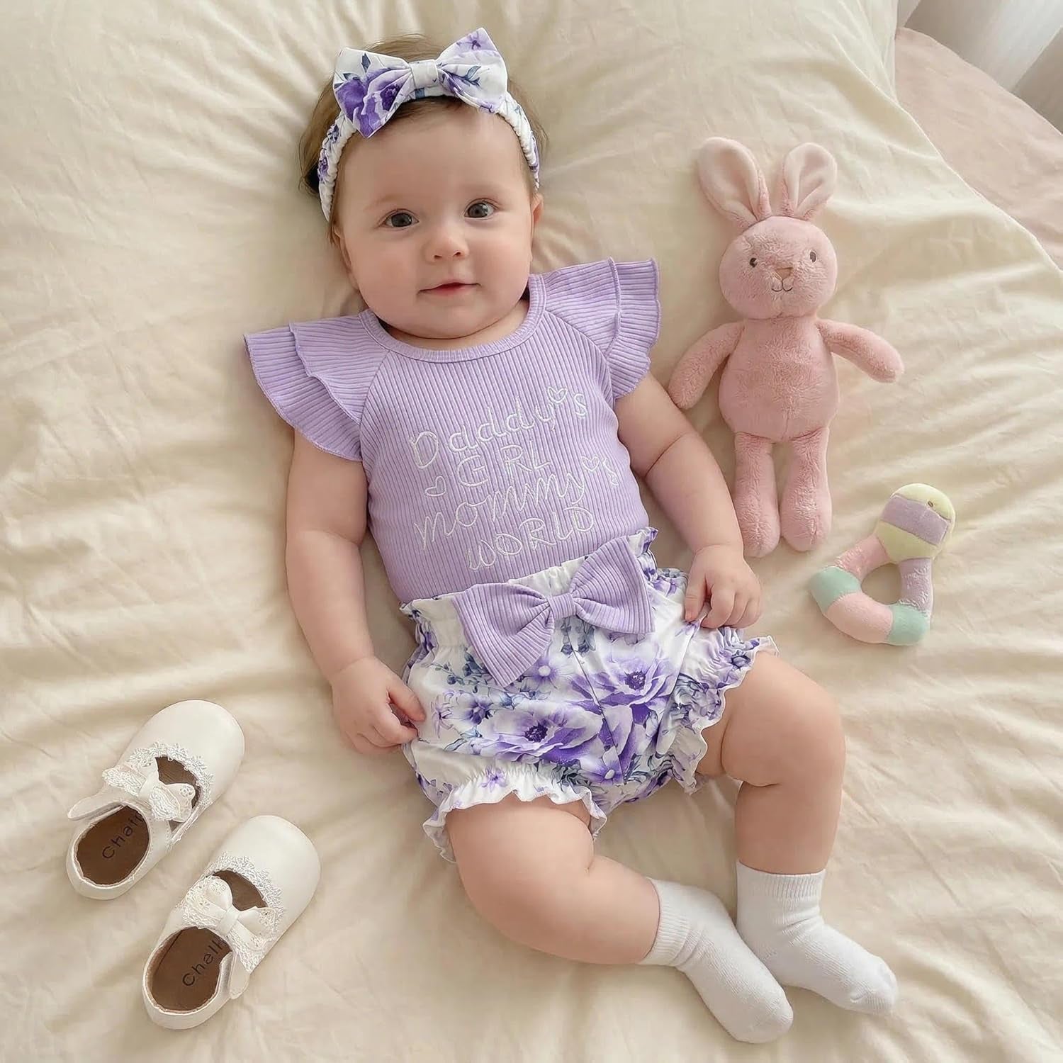 3PCS Daddy's Girl Mommy's World Letter Floral Print Ruffle Baby Set