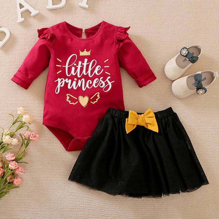 2PCS Little Princess Letter Printed Bowknot Long Sleeve Baby Set