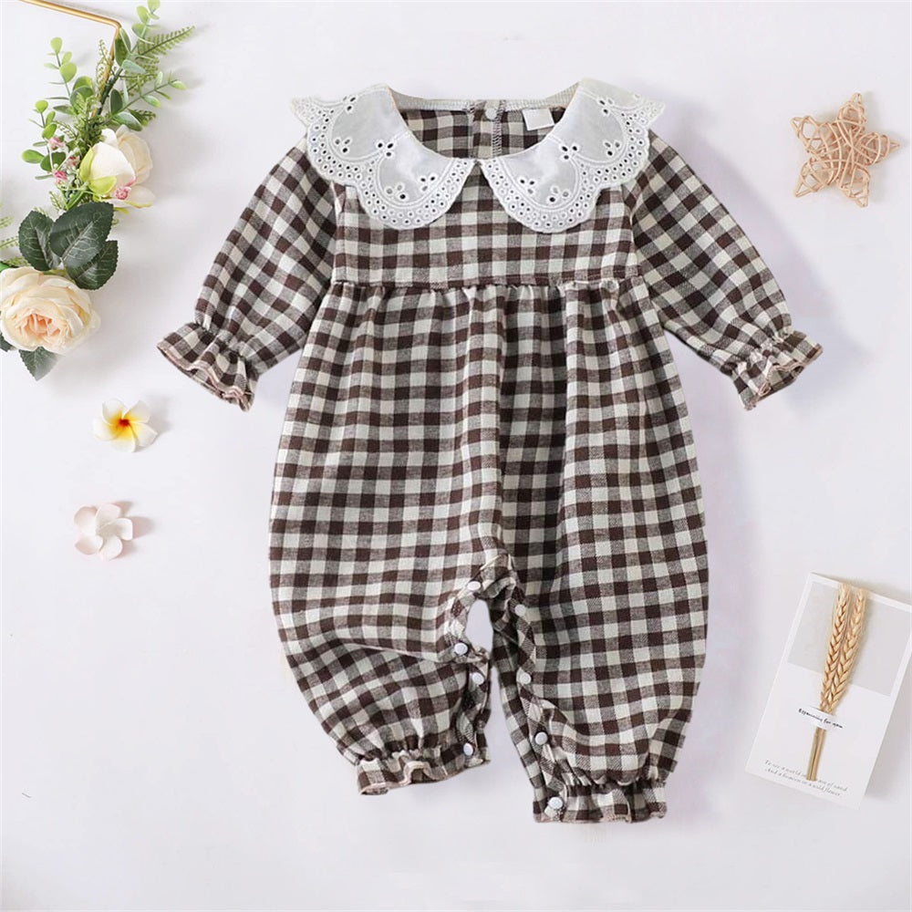 Stylish Casual Plaid Printed Long Sleeve Baby Jumpsuit