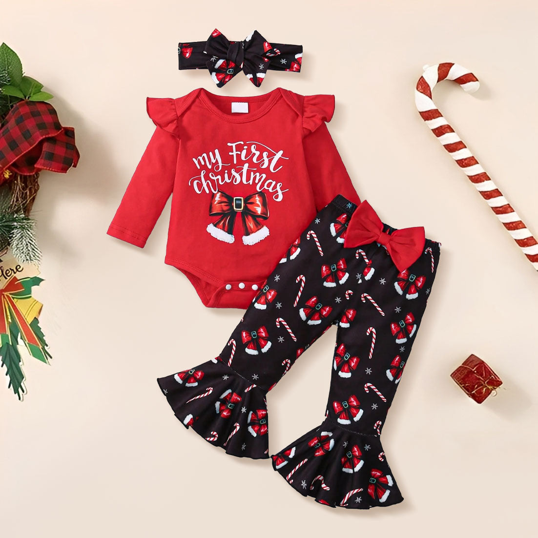 3PCS My First Christmas Letter Bow Print Baby Set
