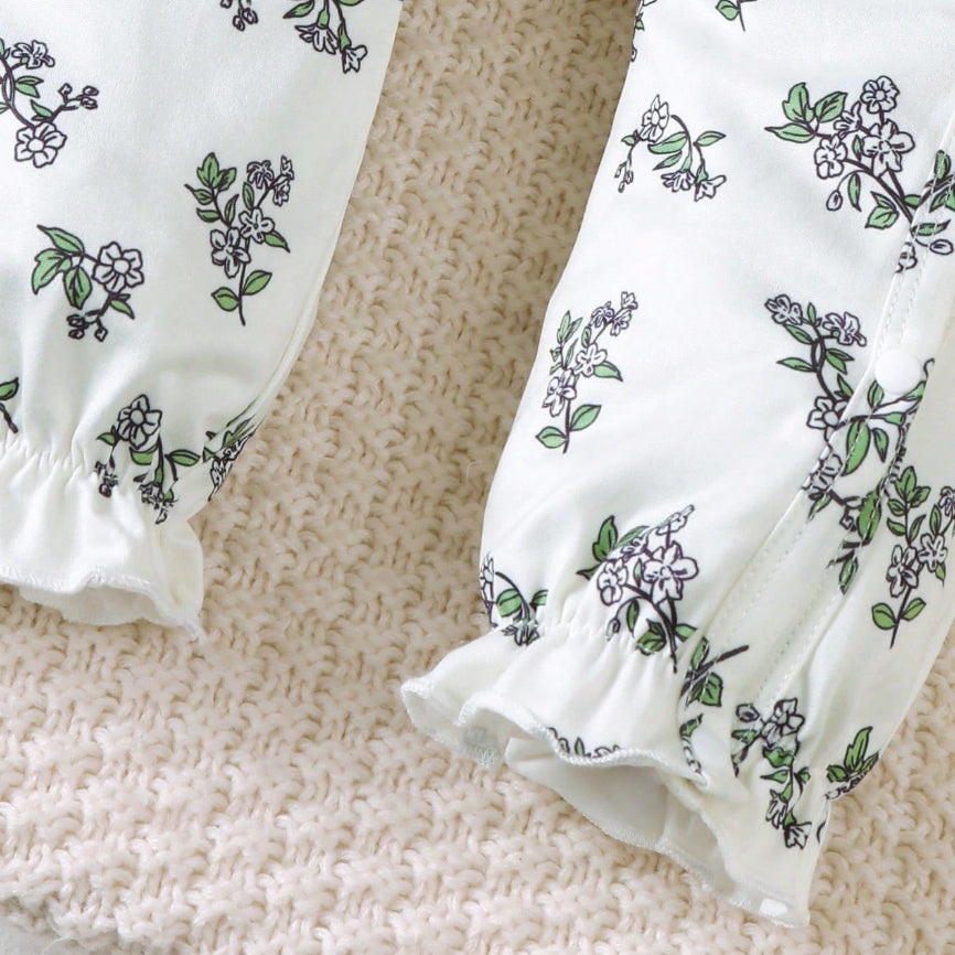 2PCS Floral Print Green Bowknot Long Sleeve Baby Jumpsuit