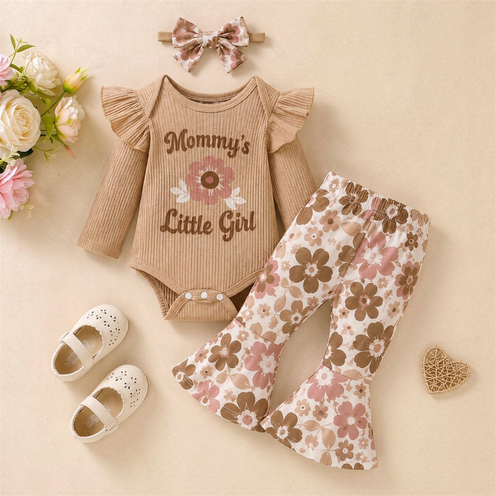 3PCS Refined Mama's Little Girl Letter Floral Printed Baby Set