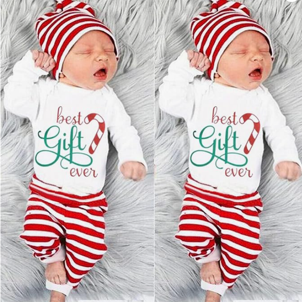 3PCS Best Gift Ever Letter Christmas Stripe Printed Baby Set