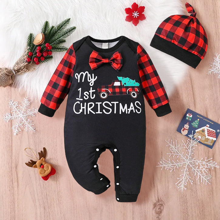 2PCS My 1st Christmas Letter Plaid Printed Bowknot Baby Jumpsuit