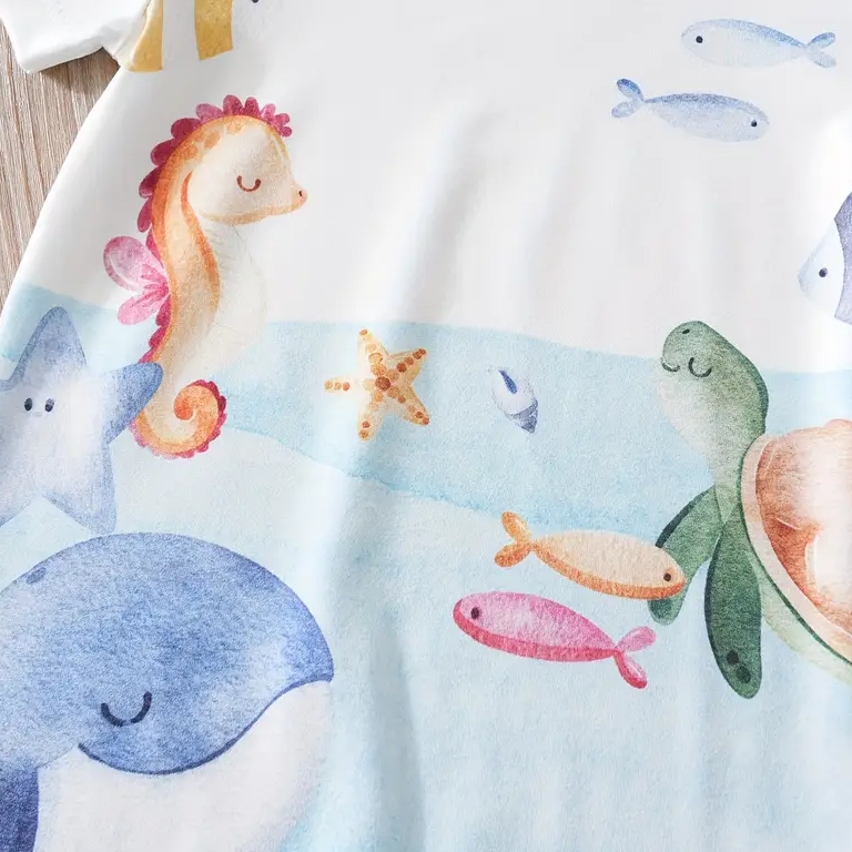 Cartoon Marine Animals Printed Short Sleeve Baby Jumpsuit