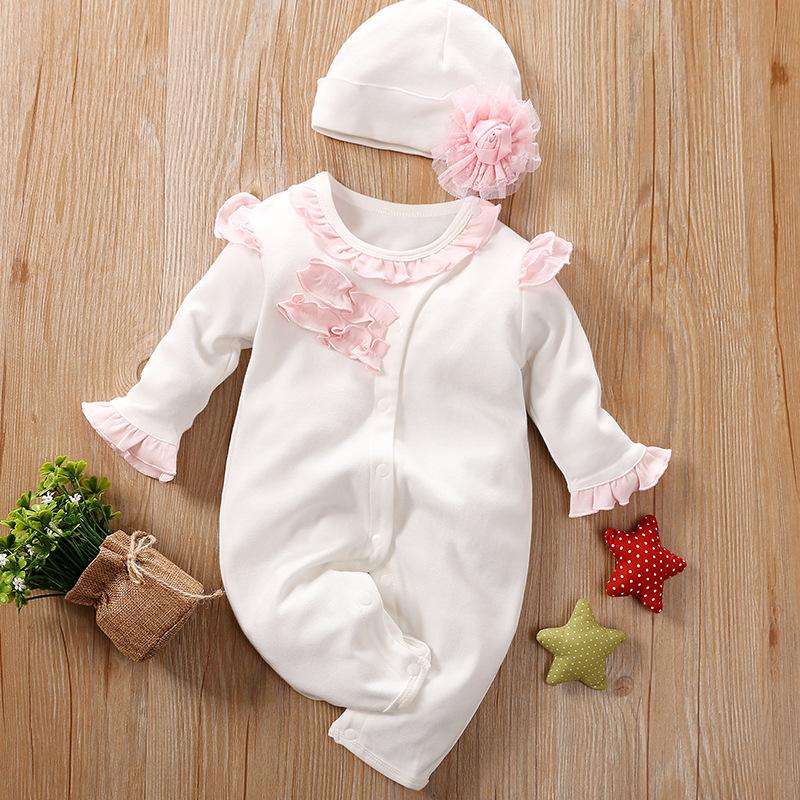 2PCS Lovely Fold Edge Solid Printed Long-sleeve Baby Jumpsuit With Hat