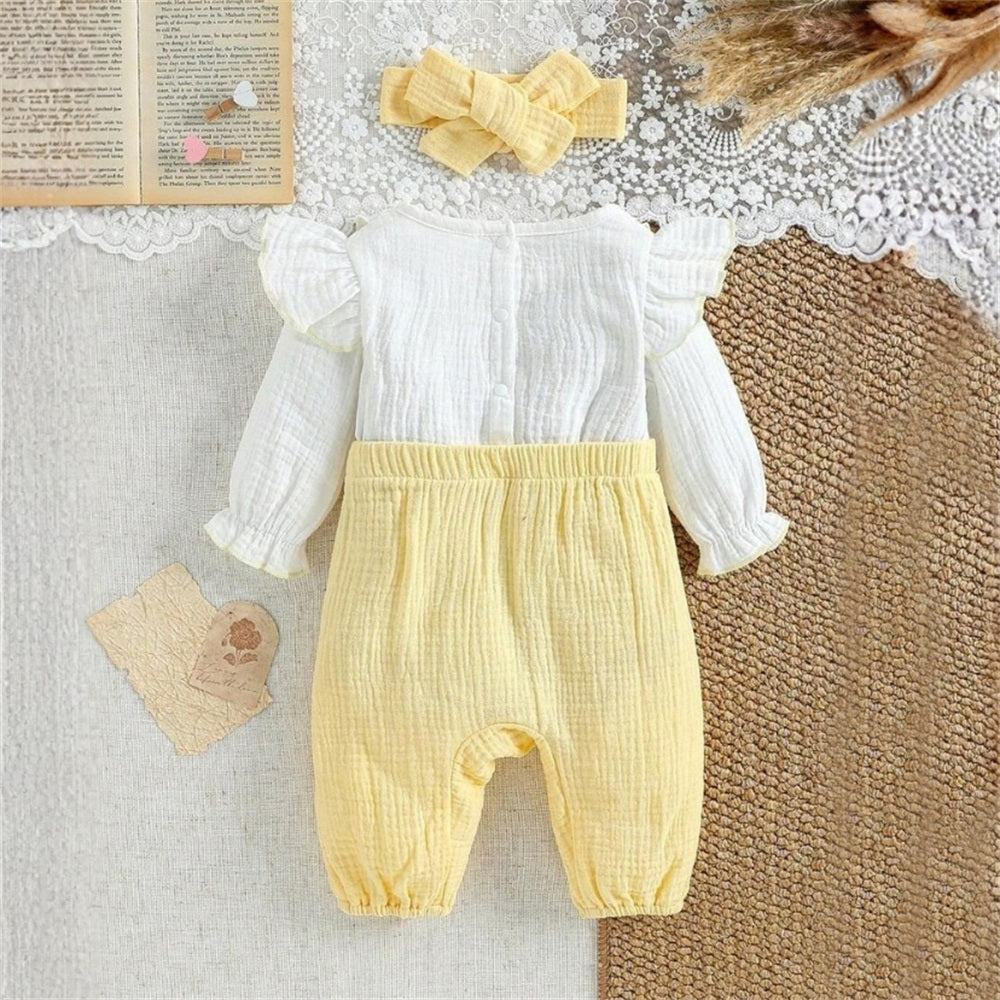 2PCS Ruffle Collar Long Sleeve Patchwork Yellow Bow Baby Jumpsuit