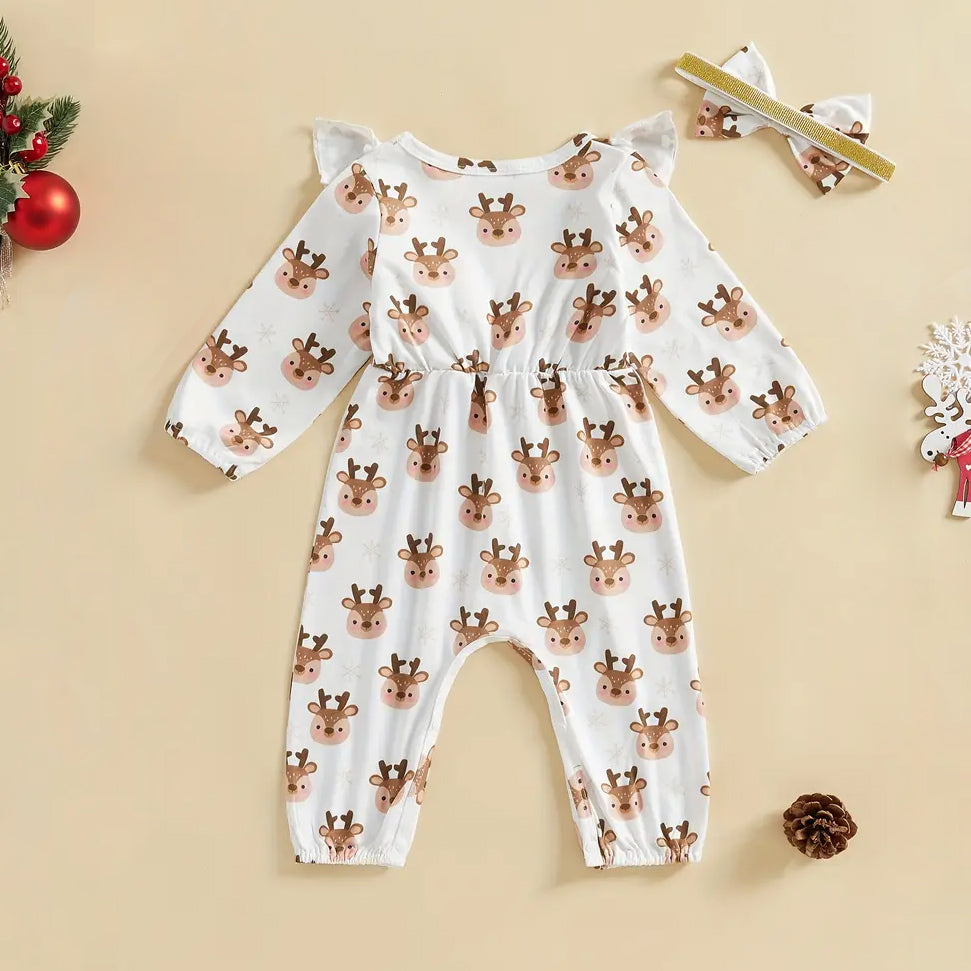 2PCS Lovely Christmas Elk Printed Long Sleeve Baby Jumpsuit