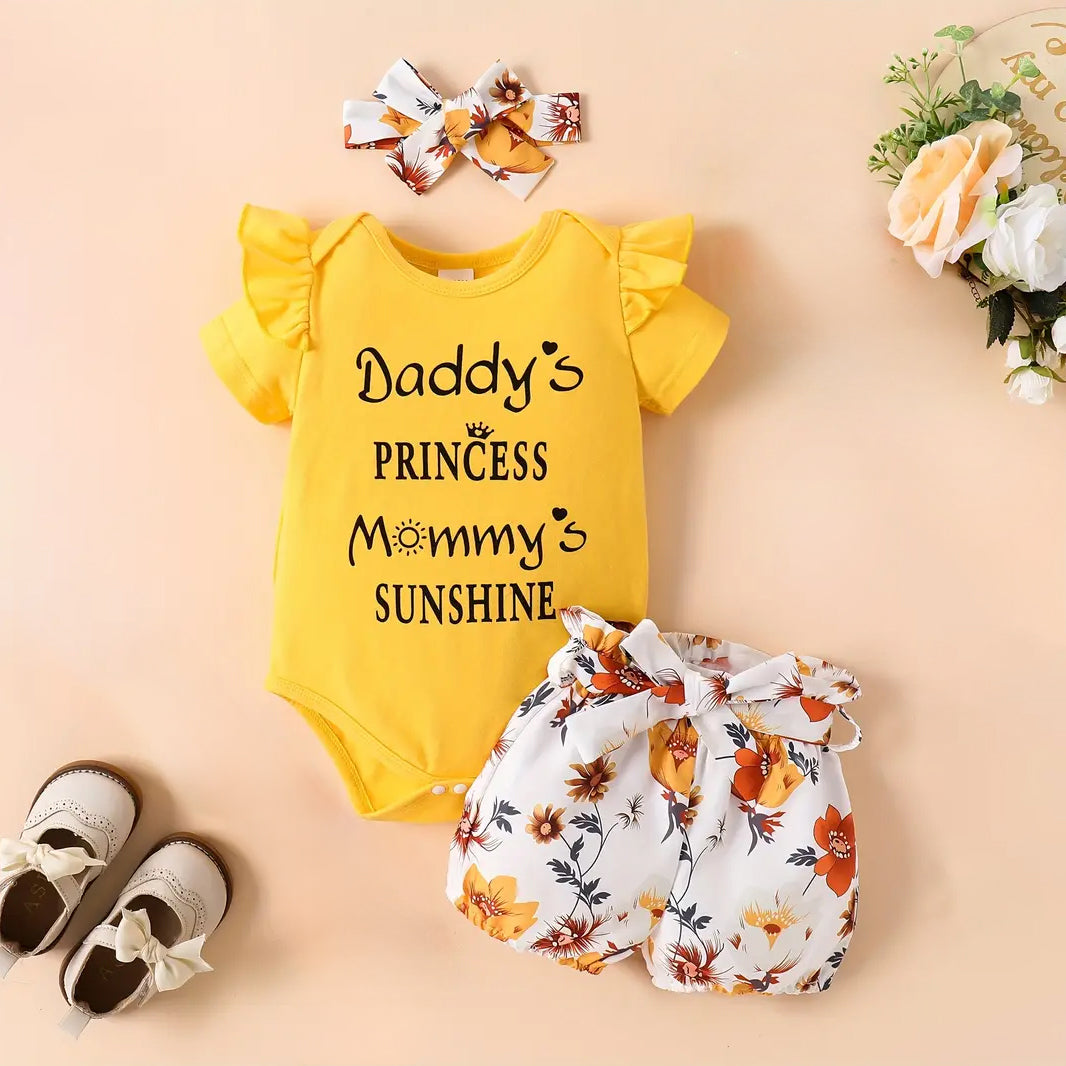 3PCS Daddy's Princess Letter Printed Short Sleeve Baby Set