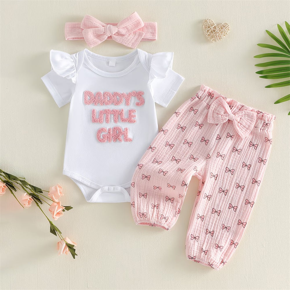 3PCS Daddy's Little Girl Letter Embroidery Bow Print Baby Set