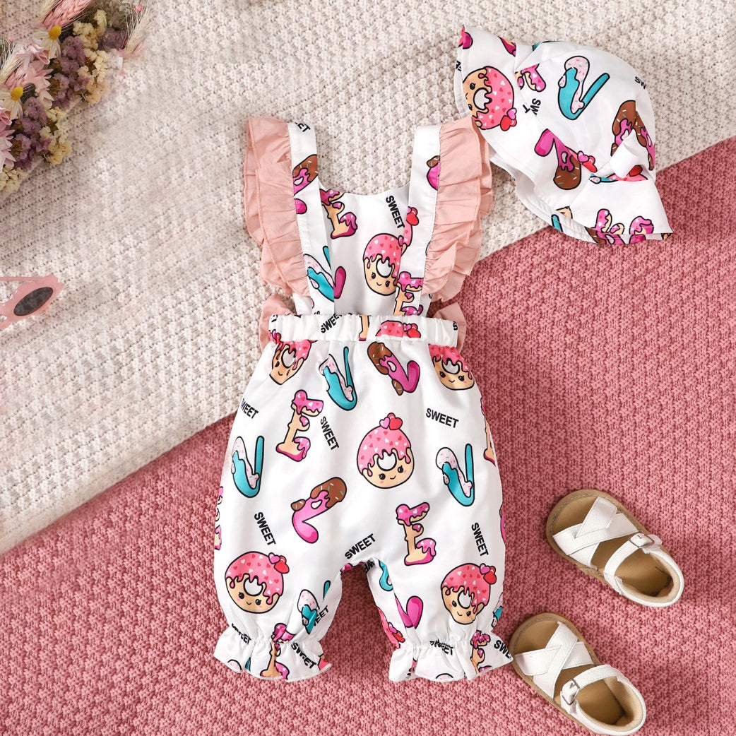 2PCS Lovely Donut Print Ruffle Sleeveless Baby Jumpsuit