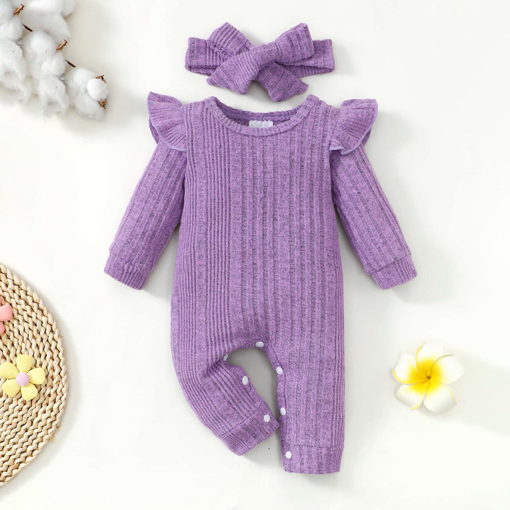 2PCS Cotton Linen Solid Ribbed Long Sleeve Baby Jumpsuit
