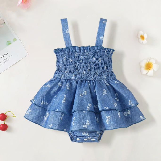 Trendy Ruffled Bow Tie Printed Sleeveless Baby Romper