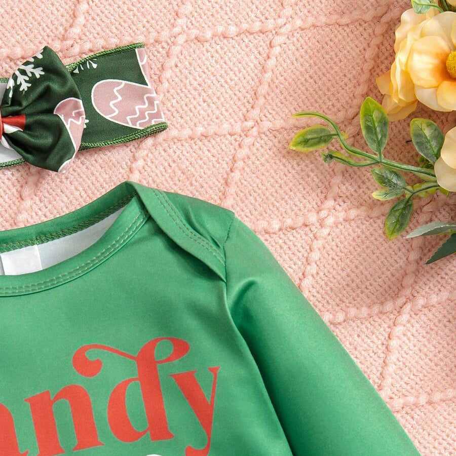 3PCS Candy Cane Cutie Letter Christmas Gingerbread Printed Baby Set