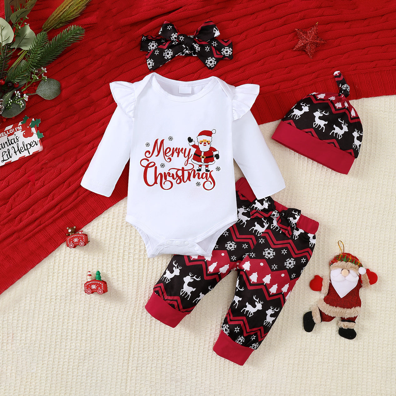 4PCS Merry Christmas Letter Printed Long Sleeve Baby Set