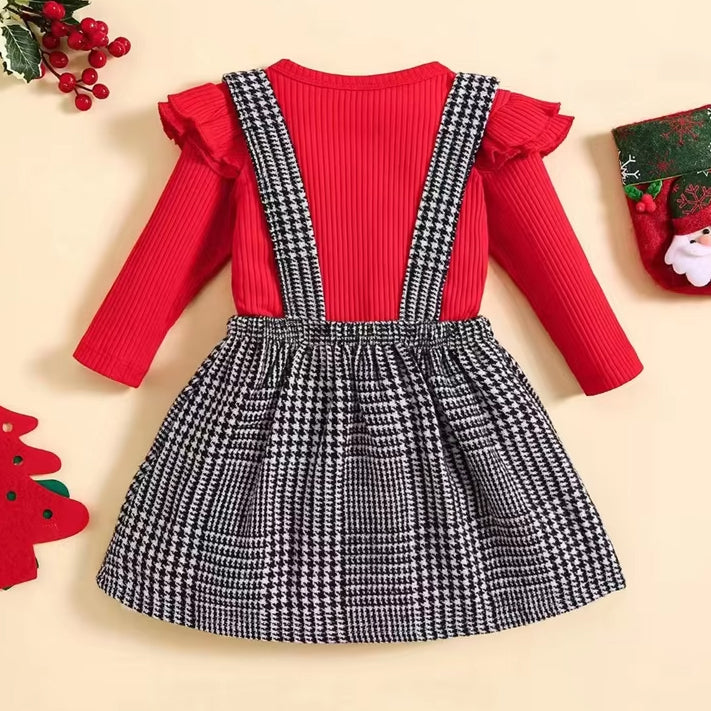 2PCS Sweet Santa Applique Houndstooth Print Long Sleeve Baby Girl Set