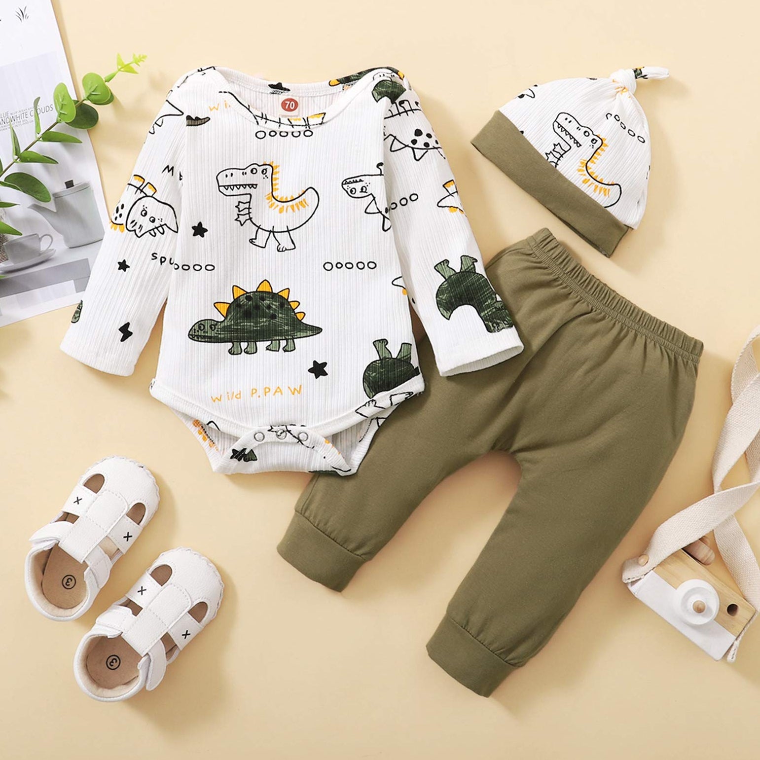 3PCS Cartoon Dinosaur Printed Long Sleeve Baby Set