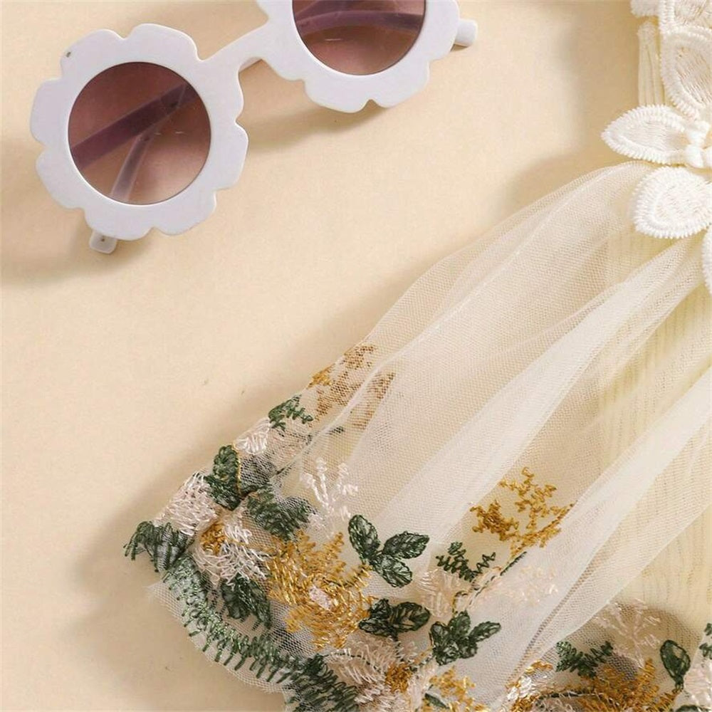 2PCS Floral Embroidery Flounce Sleeve Baby Romper