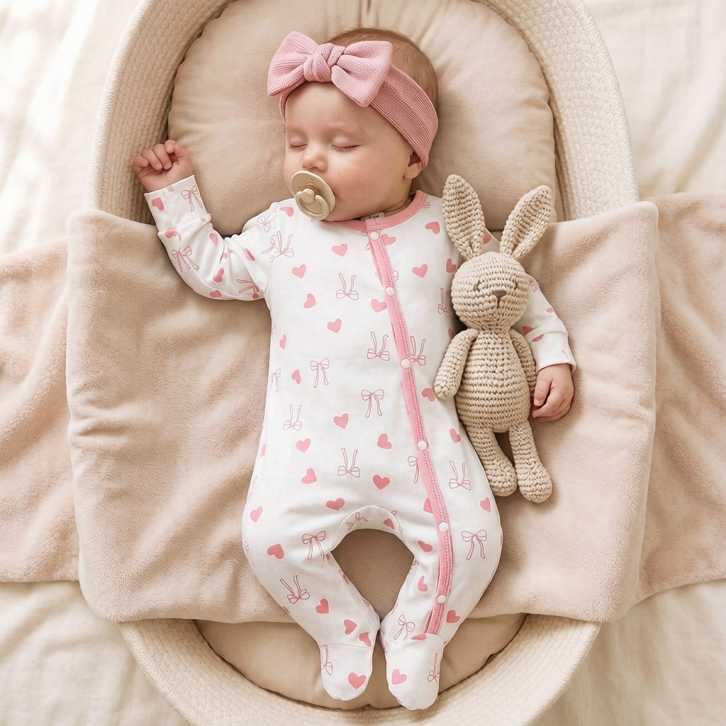 Casual Heart and Bow Print Long Sleeve Baby Jumpsuit