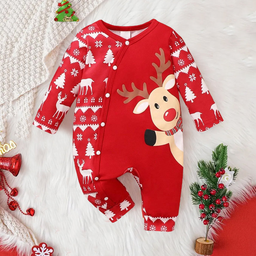 Cute Christmas Elk Printed Long Sleeve Baby Jumpsuit