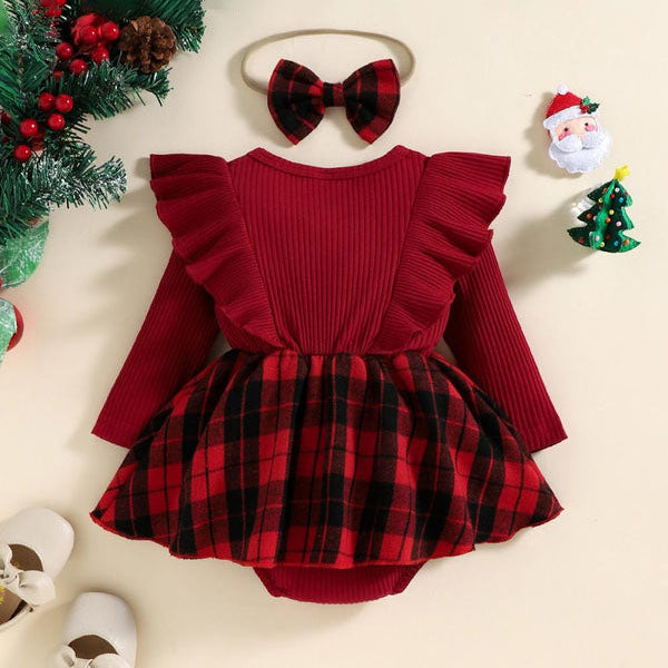 2PCS Christmas Plaid Printed Bow Baby Romper