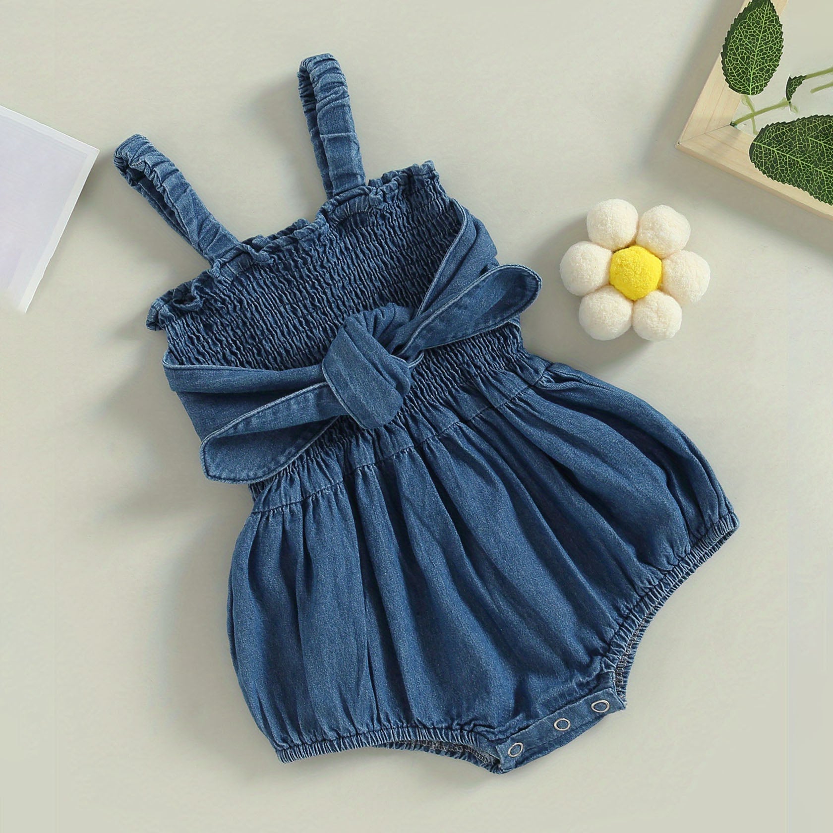 Chic Solid Color Printed Sleeveless Denim Baby Romper