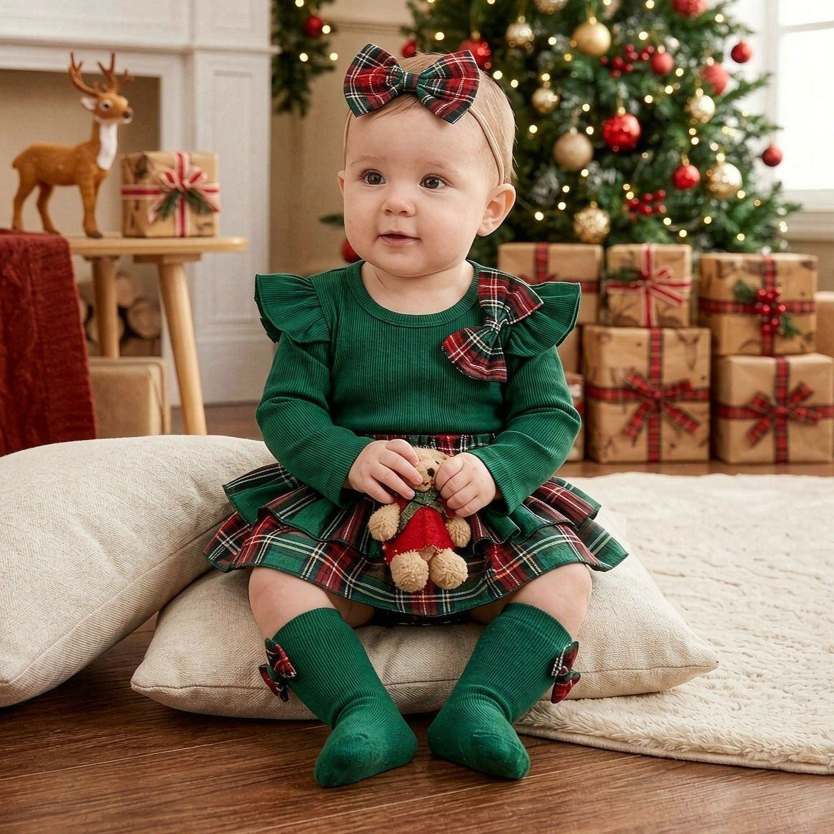 3PCS Sweet Color-Blocked Plaid Printed Long Sleeve Baby Romper