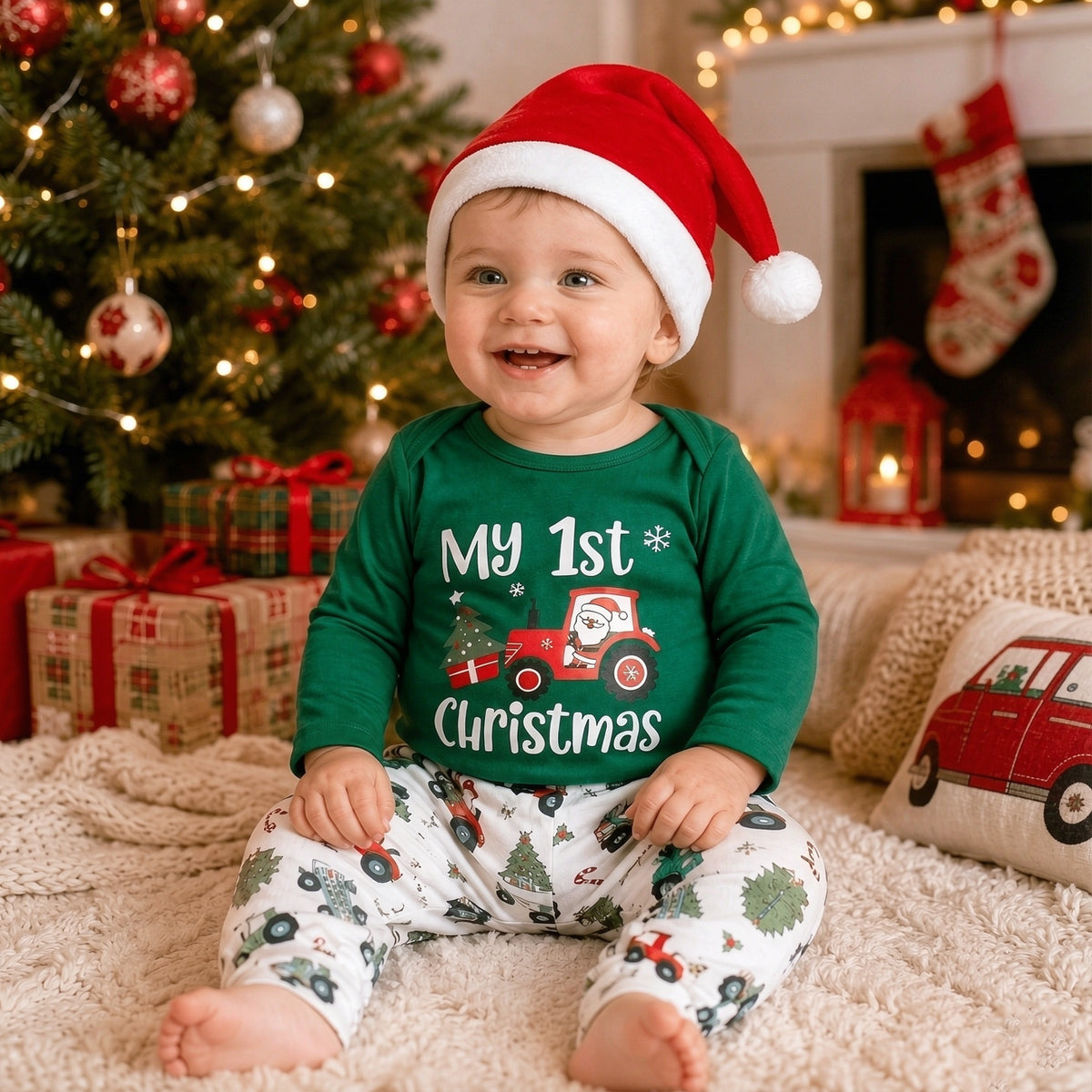 3PCS Cozy My 1st Christmas Letter Tractor Tree Printed Baby Boy Set