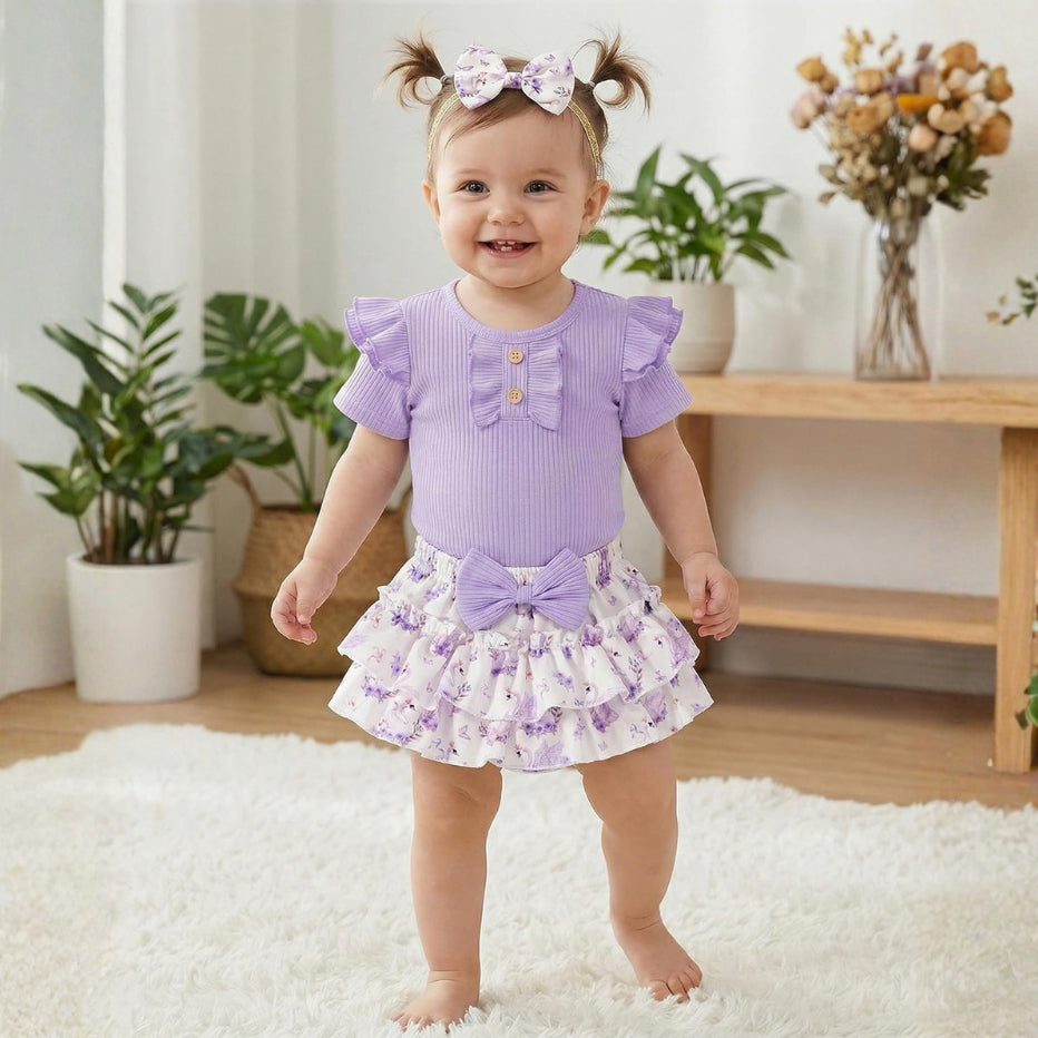 3PCS Adorable Floral Printed Baby Girl Set