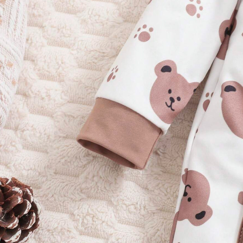 3PCS Cute Bear Printed Long Sleeve Ruffle Baby Jumpsuit