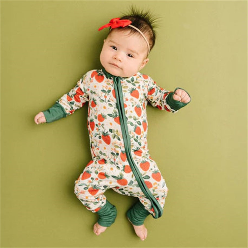 Vintage Strawberry Print Zipper Long Sleeve Baby Jumpsuit