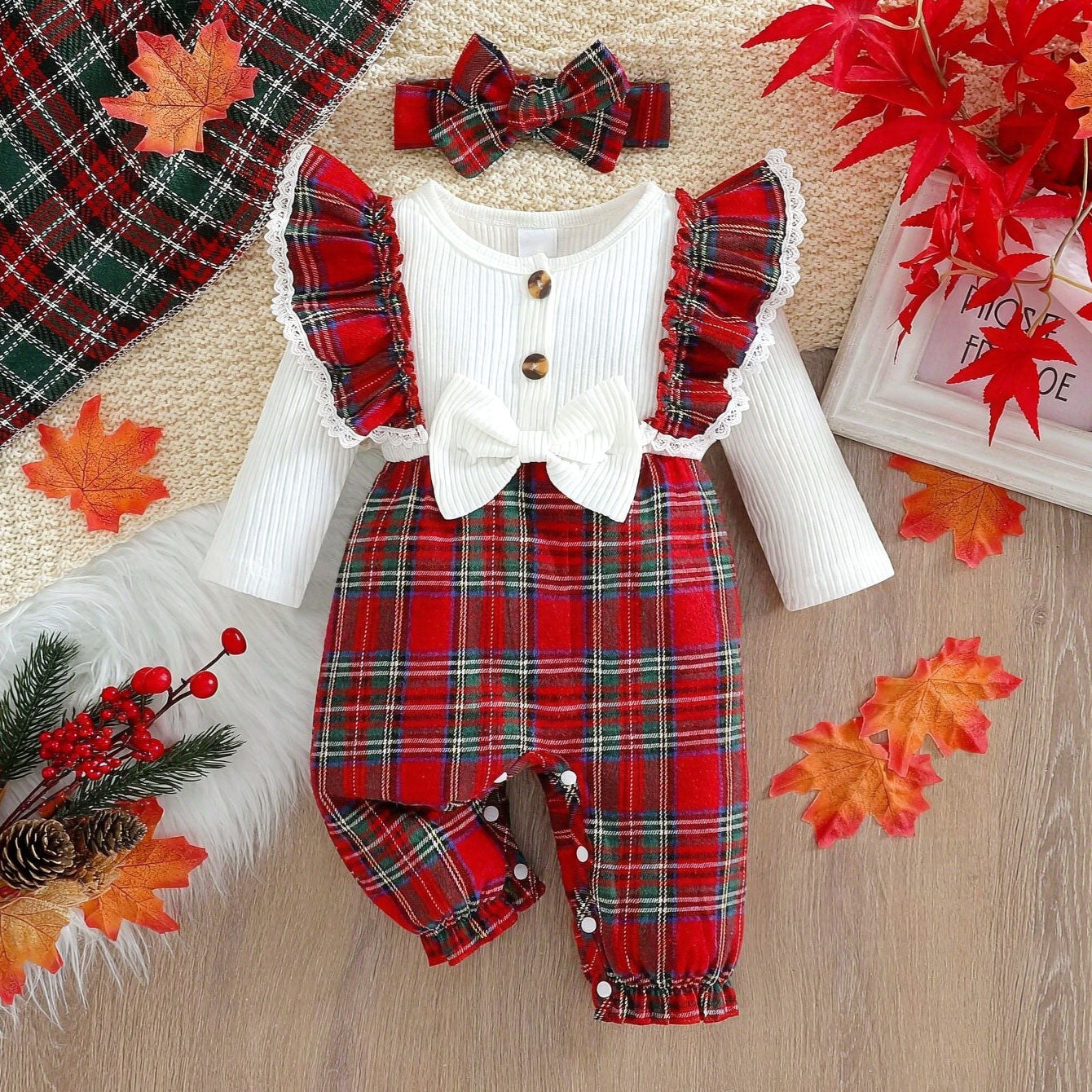 2PCS Christmas Faux-Layered Plaid Printed Long Sleeve Baby Jumpsuit
