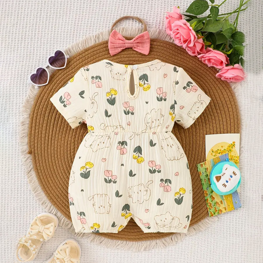 2PCS Lovely Cat Floral Print Short Sleeve Baby Girl Jumpsuit