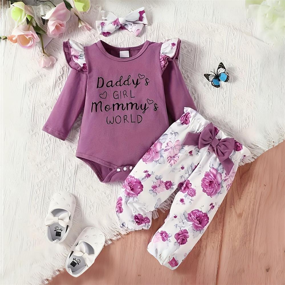 3PCS Daddy's Girl Mommy's World Letter Floral Print Ruffle Baby Set