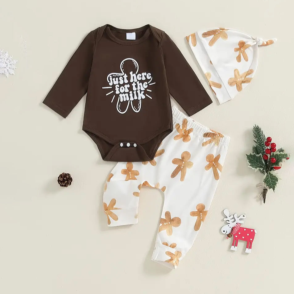 3PCS Just Here For The Milk Letter Printed Long Sleeve Baby Set