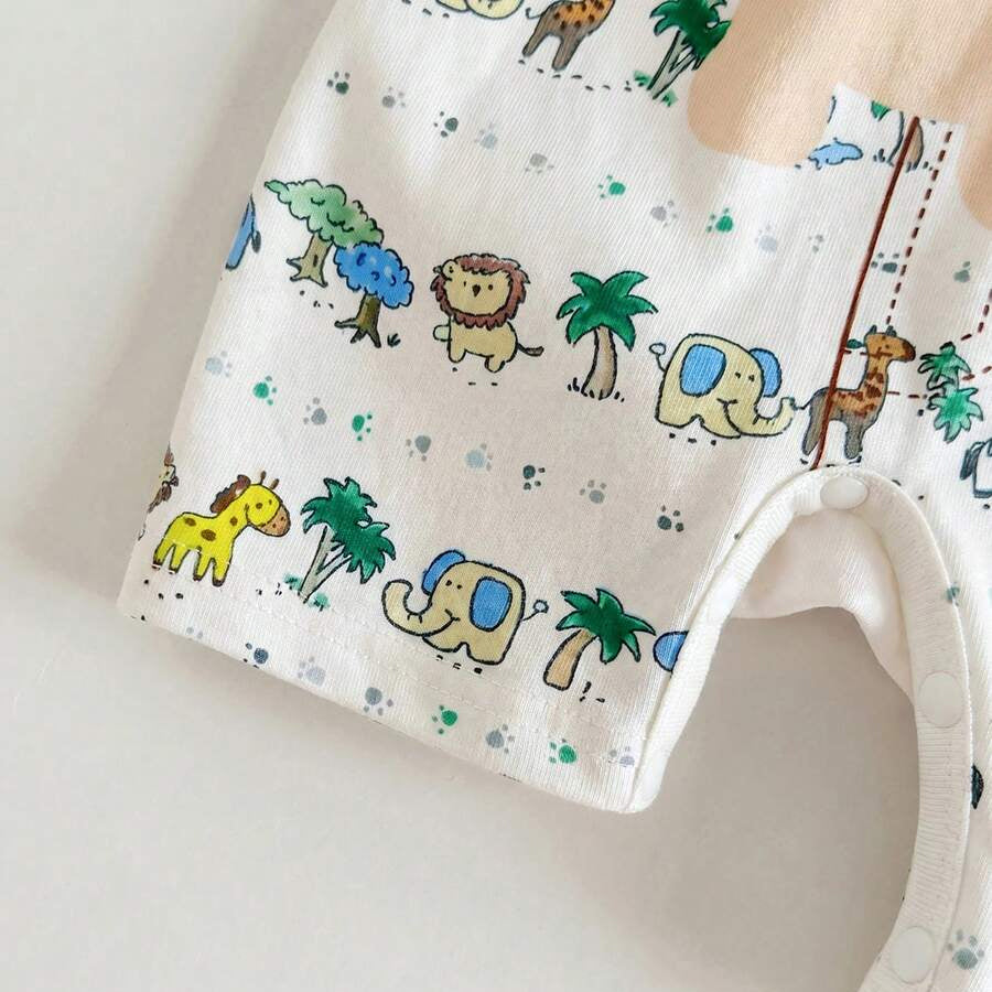 Adorable Lion & Safari Animal Print Short Sleeve Baby Jumpsuit