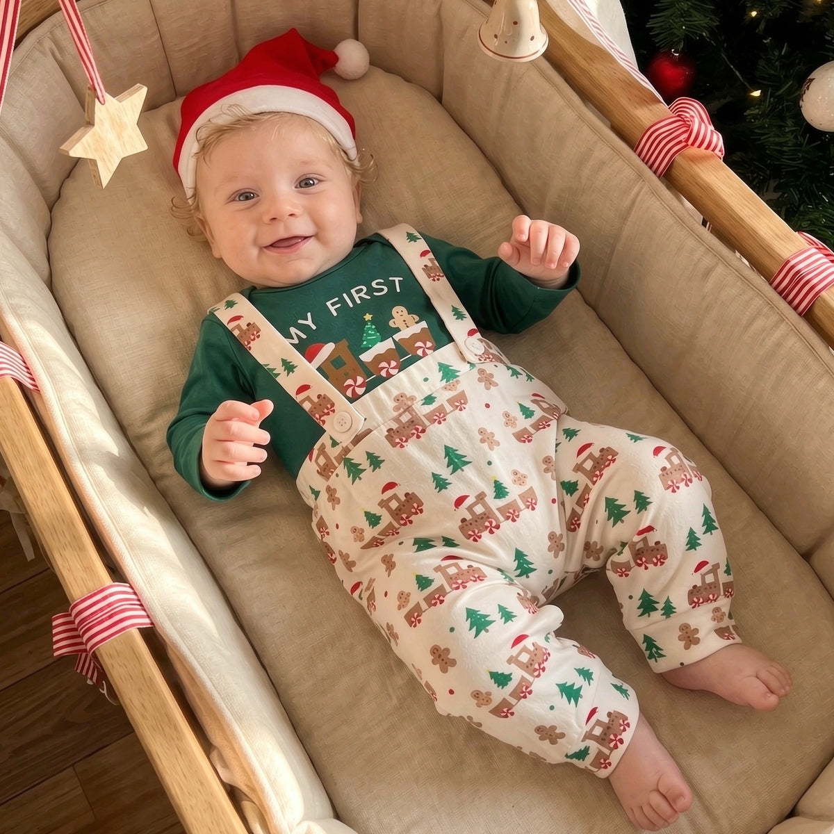 3PCS My First Christmas Letter Train Gingerbread Printed Baby Overalls Set